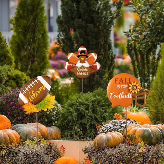 Glitzhome® 24" Thanksgiving Metal Football & Turkey Yard Stakes Set